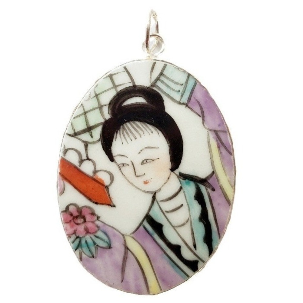 Vintage Geisha Porcelain Pottery‎ Shard Pendant Oval Asian Woman Jewelry Charm
